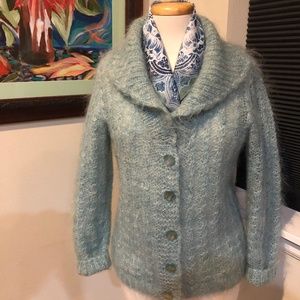 Handknit Cardigan Sweater Italian Mohair / Seafoam Green Vtg. 60's- OS